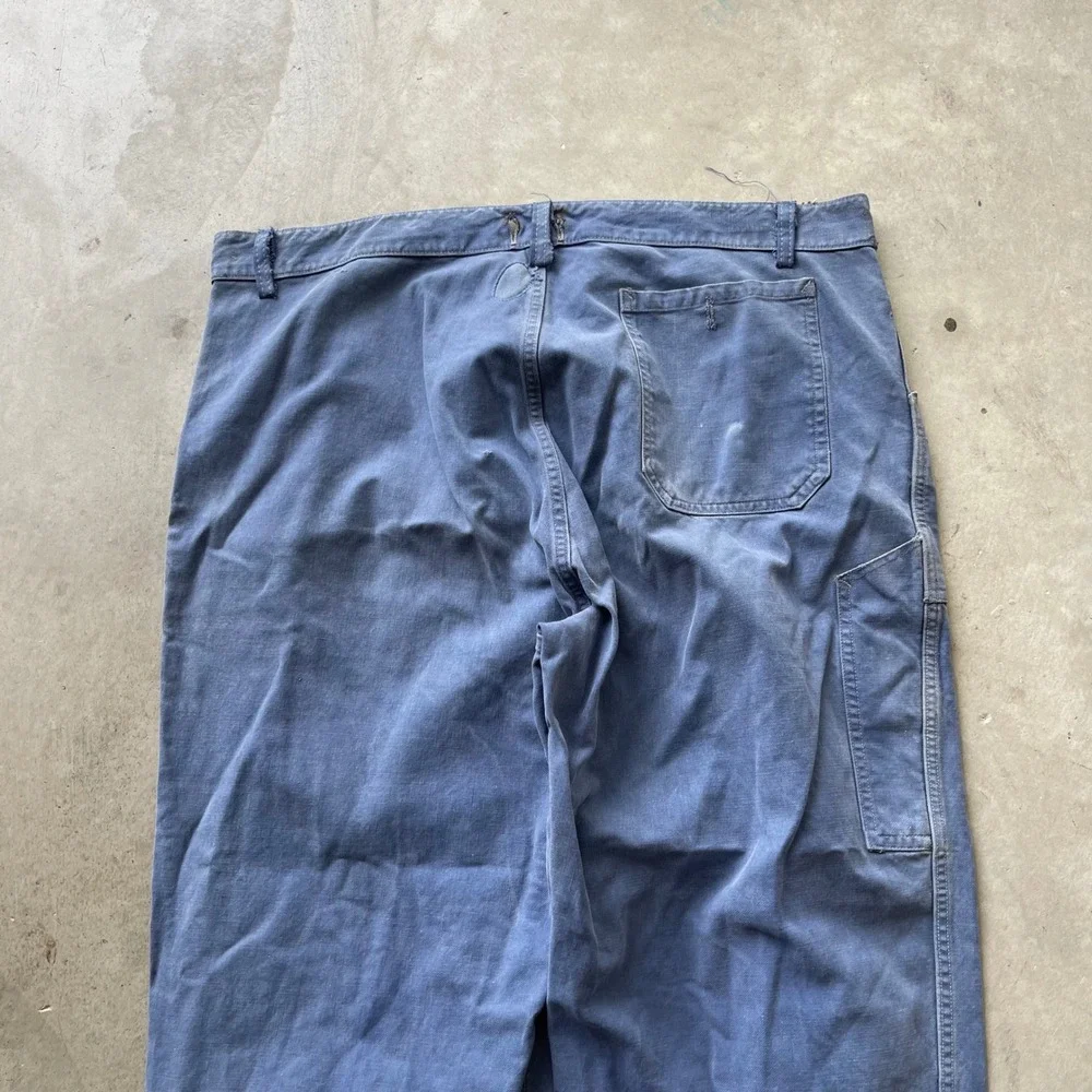 Vintage 40s French Workwear Chore Pants Blue Faded Distressed Button Fly 38x28